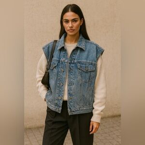 Vintage Johnny Q Denim Jean Trucker Vest Mid wash 100% Cotton size Large​​​​​​​